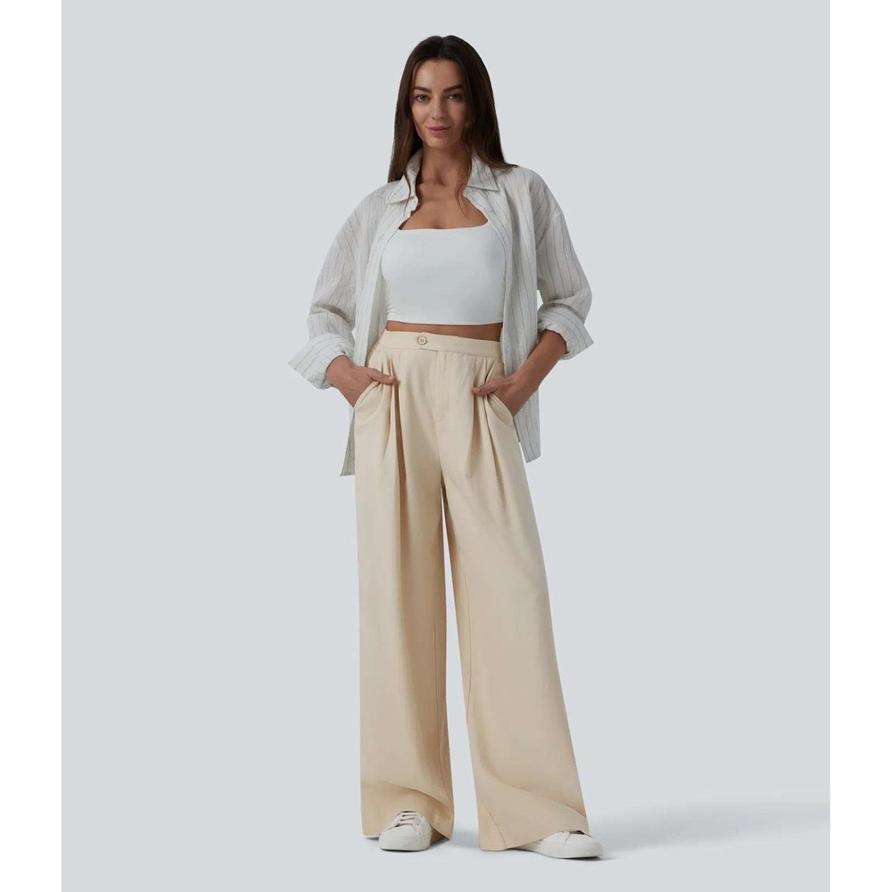 NEW Halara High Waist Pleated Wide Leg Baggy Flowy Linen Blend Pants Pockets Oak